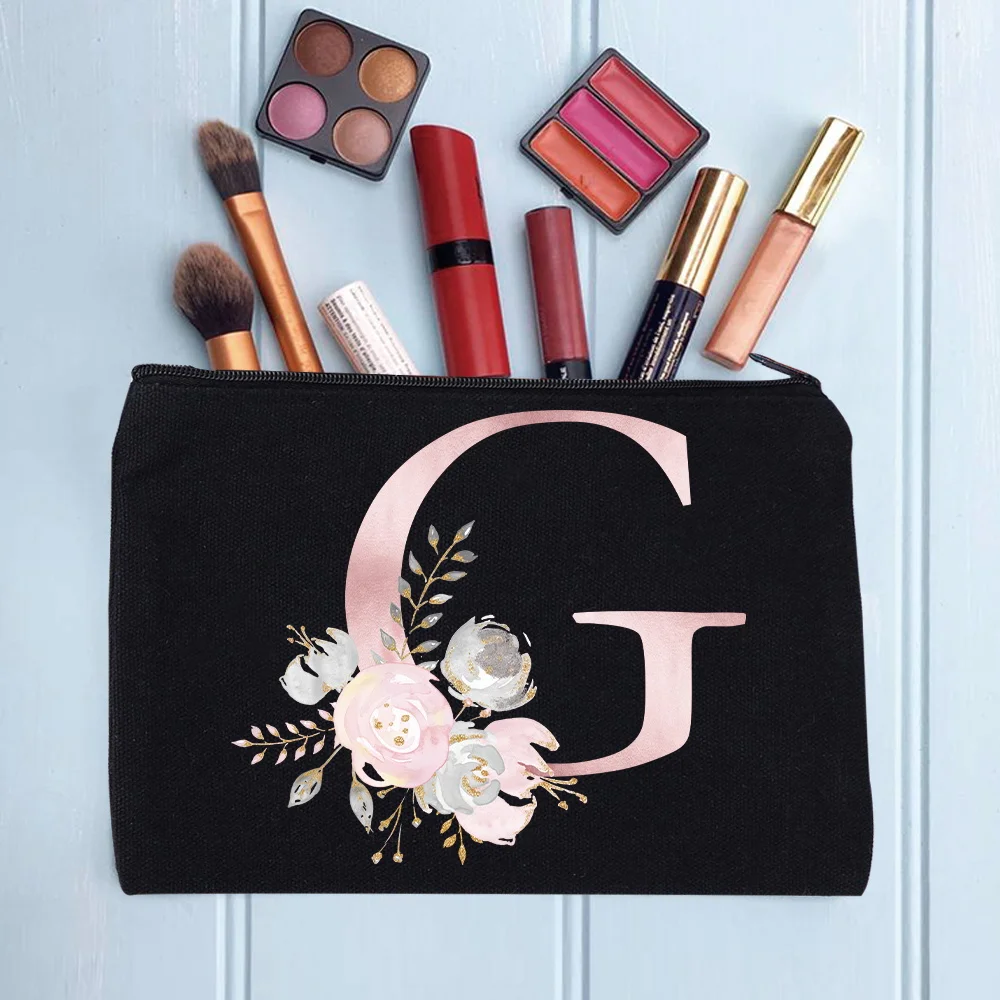 Women’s Cosmetic Makeup Bags Female Organizer Pink Flower 26 Letters School Pencil Cases Carrying Bag for Coin Purse