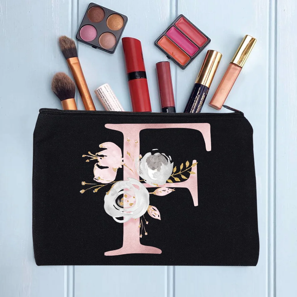 Women’s Cosmetic Makeup Bags Female Organizer Pink Flower 26 Letters School Pencil Cases Carrying Bag for Coin Purse
