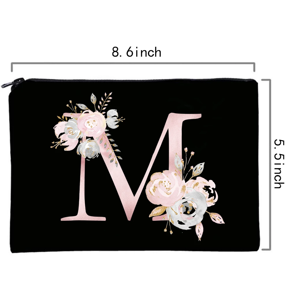 Women’s Cosmetic Makeup Bags Female Organizer Pink Flower 26 Letters School Pencil Cases Carrying Bag for Coin Purse