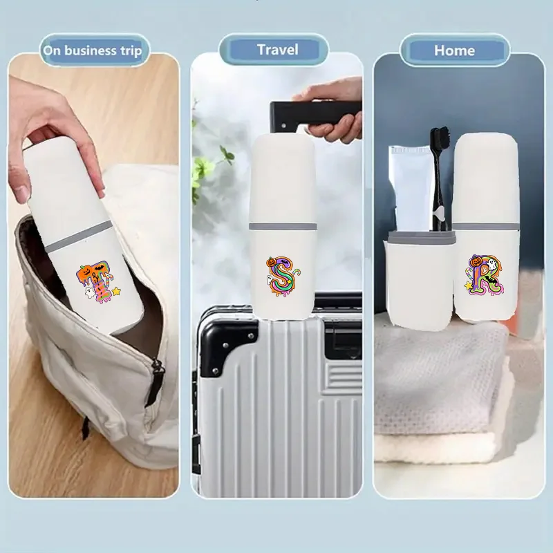 Portable and Detachable Mouthwash Cup Travel Toothbrush Storage Box Dust Proof Toiletries Storage Case Candy Letter Pattern