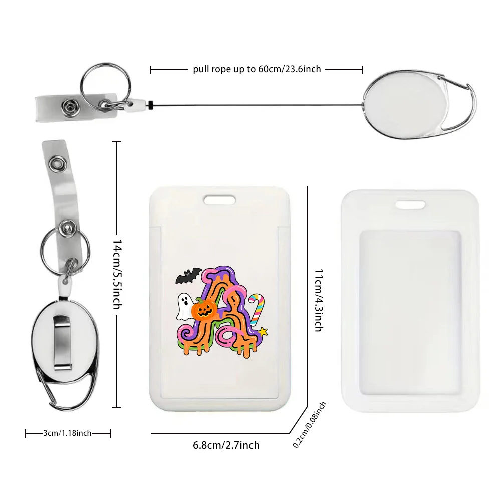 Employee Badge Card Holder with Expandable Hanging Rope Work Id Hard Shell Protective Cover Halloween Gift Candy Letter Pattern