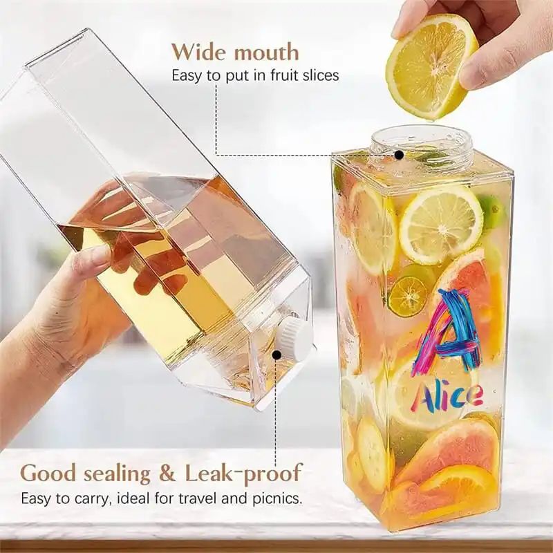Customized Name 1000ml Clear Milk Bottle Sealed Leak Proof Drinking Jug Orange Juice Organizer Case Colorful Painting Brush