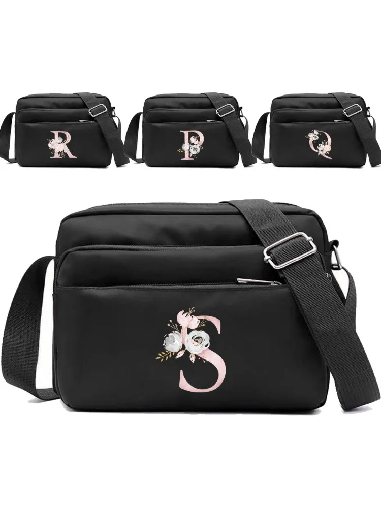 New Simple Black Storage Bag Multi-layer Travel Leisure One Shoulder Crossbody Bag Pink Flower Letter Series Printing Pattern