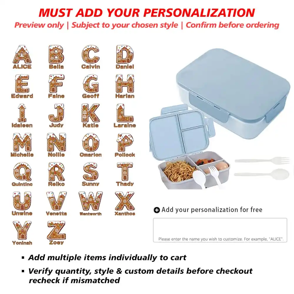 Customized Name Food Compartment Storage Box Large Capacity Lunch Box Leak Proof Resistant Tableware Gingerbread Pattern