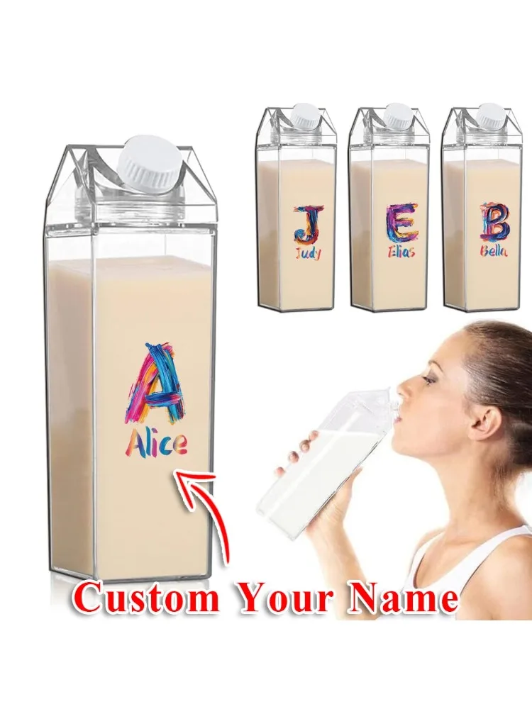 Customized Name 1000ml Clear Milk Bottle Sealed Leak Proof Drinking Jug Orange Juice Organizer Case Colorful Painting Brush