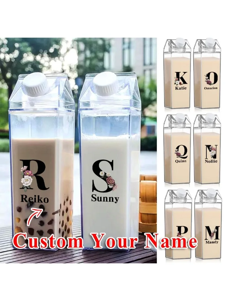 Customized Name 500ml Clear Milk Bottle Drinking Jug Sealed Leak Proof Tea Coffee Storage Cup Personalized Black Floral