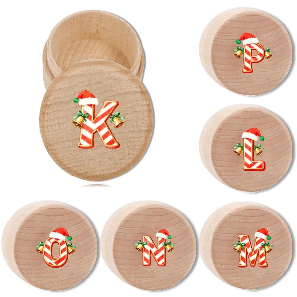 Round Wooden Milk Teeth Box Multi-functional Storage Box Jewelry Earrings and Milk Tooth Storage Christmas Jingle Bell Pattern