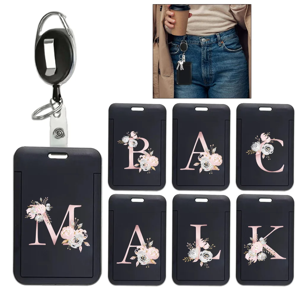 Simple ID Badge Clip with Keychain Clip Security Accessories Plastic Card Set Employee Work Badge Protector Pink Flower Pattern