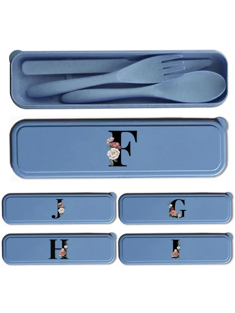 3Pcs Portable Reusable Tableware Set Durable Wheat Straw Dinnerware Set Camping Spoon Fork Knife Box Black Floral Letter Pattern