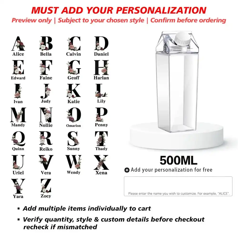 Customized Name 500ml Clear Milk Bottle Drinking Jug Sealed Leak Proof Tea Coffee Storage Cup Personalized Black Floral
