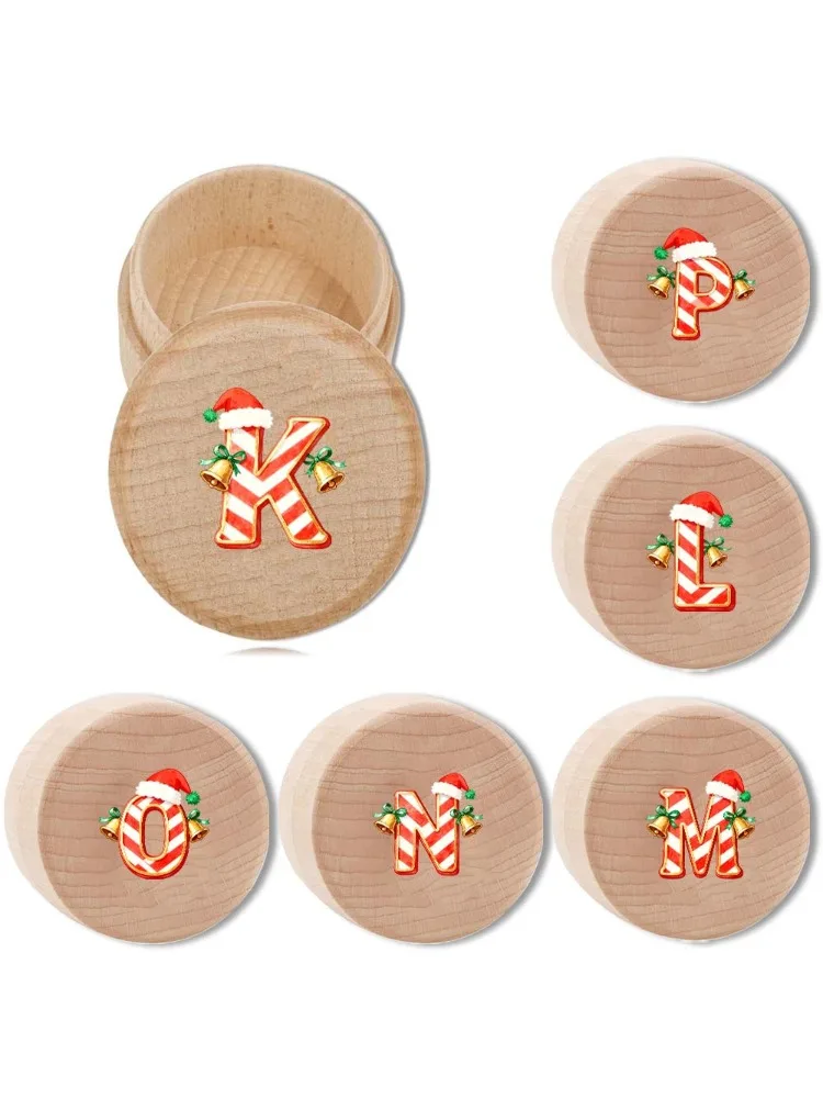 Round Wooden Milk Teeth Box Multi-functional Storage Box Jewelry Earrings and Milk Tooth Storage Christmas Jingle Bell Pattern
