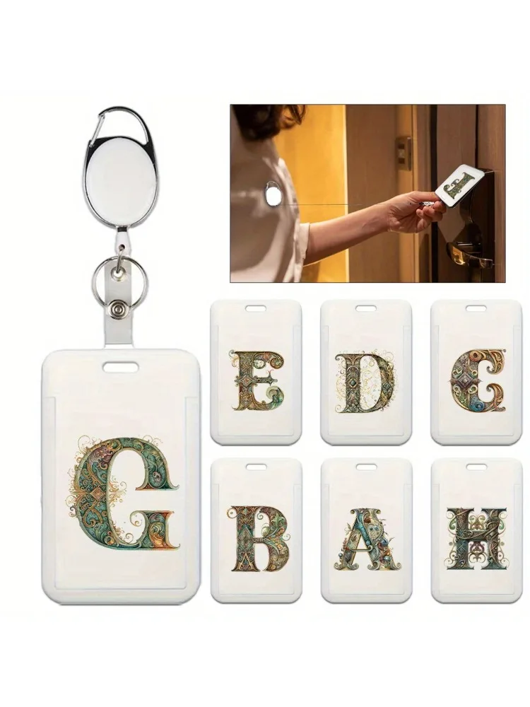 Multifunctional Employee Work Badge with Retractable Buckle Plastic Id Card Holders Student Badge Card Graphic Letter Pattern