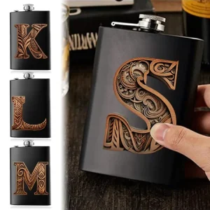 Stainless Steel Flask Wine Pot Pockets Water Bottle Never-Lose Cap Simplicity For Travel And Outdoor Wood Art Letter Pattern