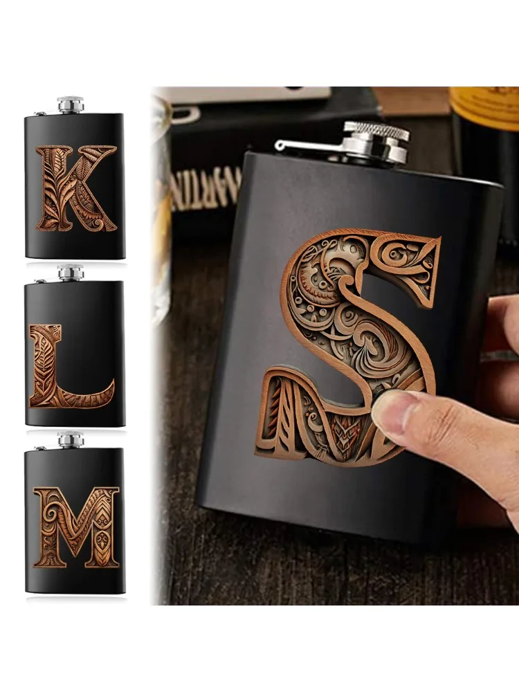 Stainless Steel Flask Wine Pot Pockets Water Bottle Never-Lose Cap Simplicity For Travel And Outdoor Wood Art Letter Pattern