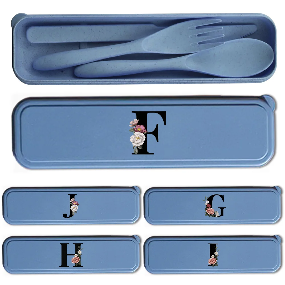 3Pcs Portable Reusable Tableware Set Durable Wheat Straw Dinnerware Set Camping Spoon Fork Knife Box Black Floral Letter Pattern