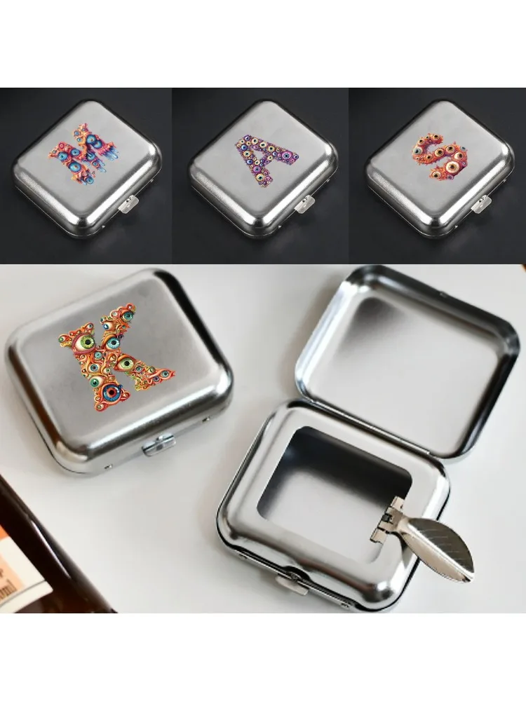 Portable Stainless Steel Square Ashtray Automatic Pop-Up Cigarette Butt Tray Innovative Car Ashtray Eyelets Letters Pattern