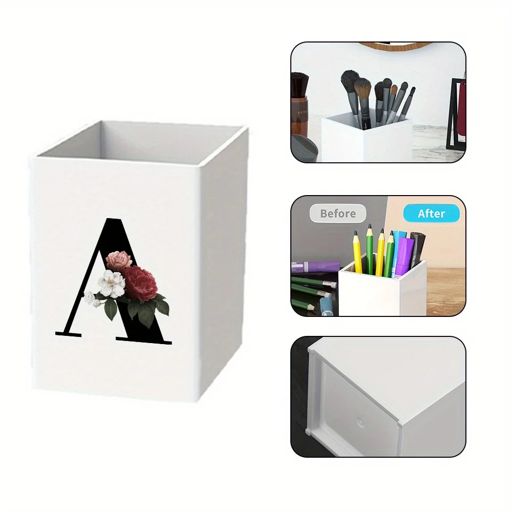 Multifunctional Acrylic Pencil Cylinder Practical Desktop Pen Holder Square Simple Student Pencil Holder Black Floral Pattern