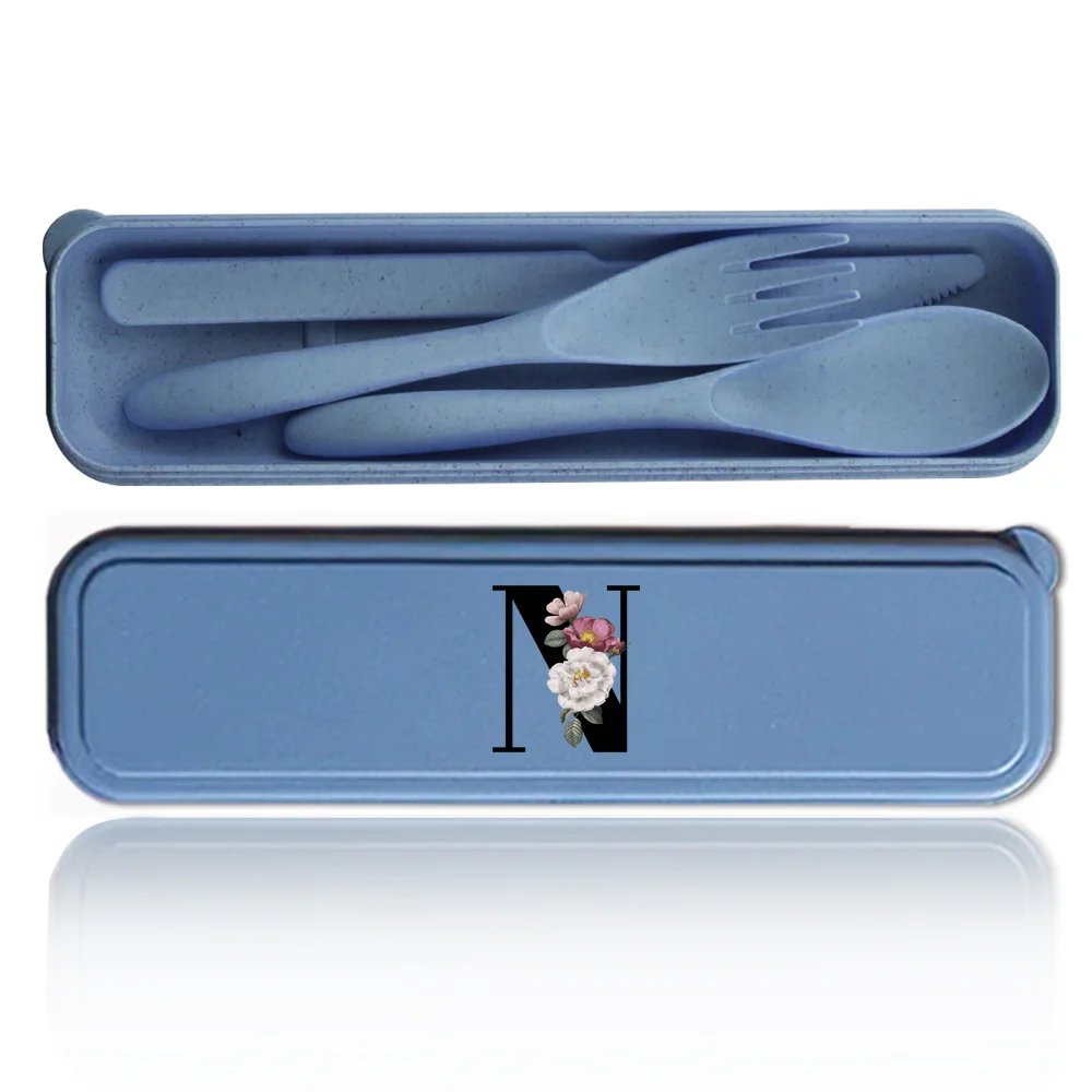 3Pcs Portable Reusable Tableware Set Durable Wheat Straw Dinnerware Set Camping Spoon Fork Knife Box Black Floral Letter Pattern