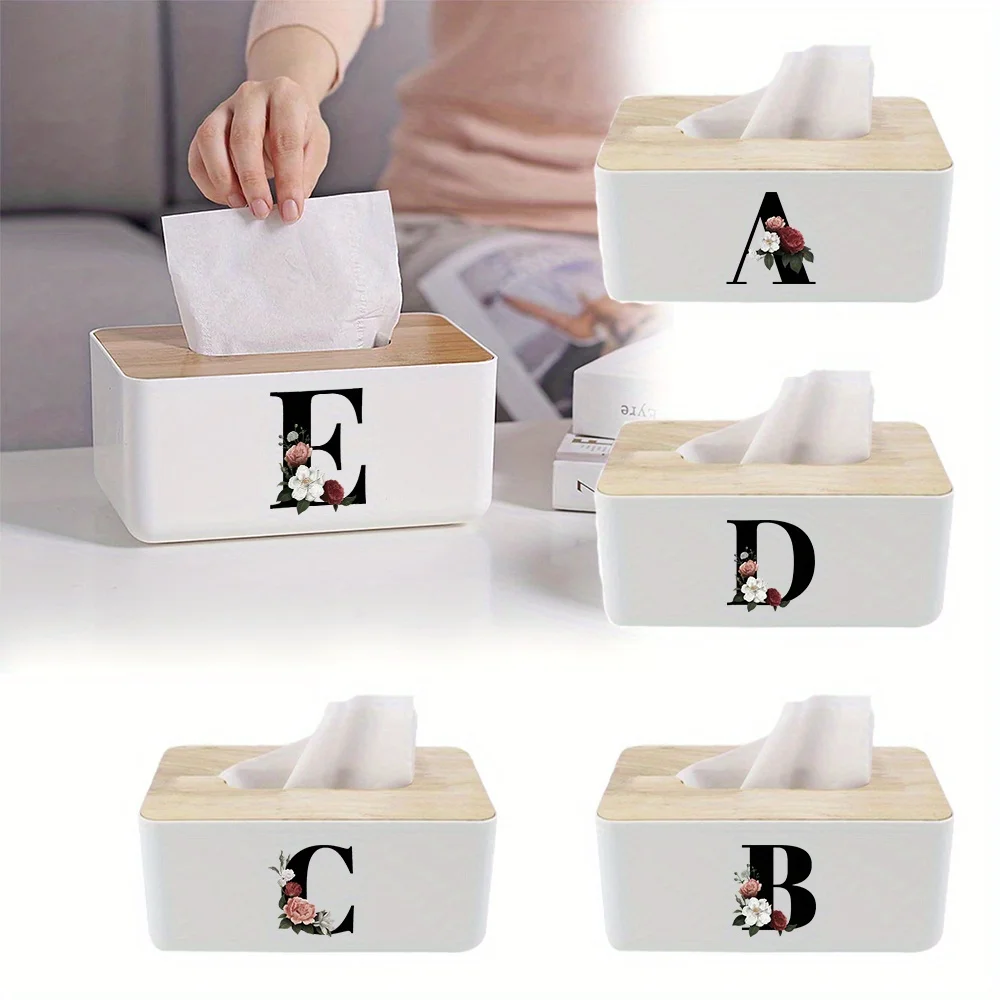 Plastic Tissue Box with Wooden Cover Large Capacity Tissue Decorative Storage Box for Bedroom Dining Room Black Floral Pattern