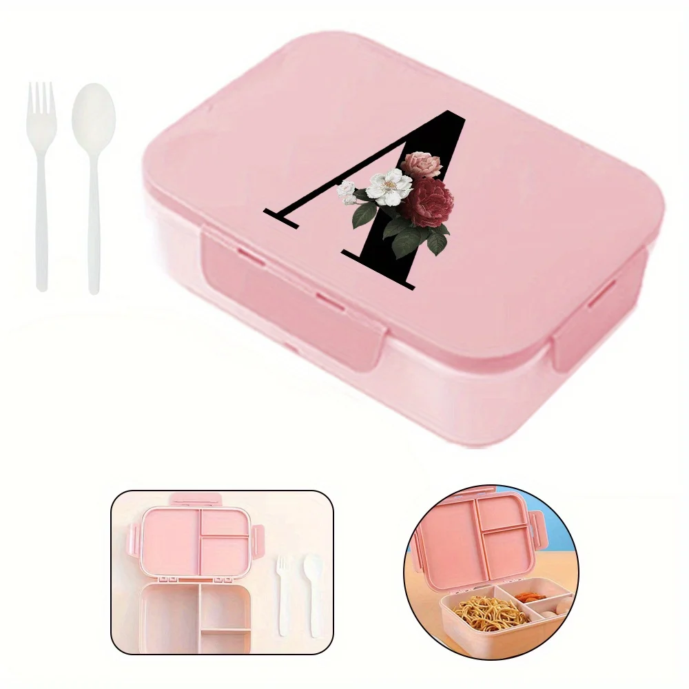 Lunch Box Organizer With Lid Leakproof Lunch Bento Case Container Three Compartments Tableware Black Floral Letter Pattern