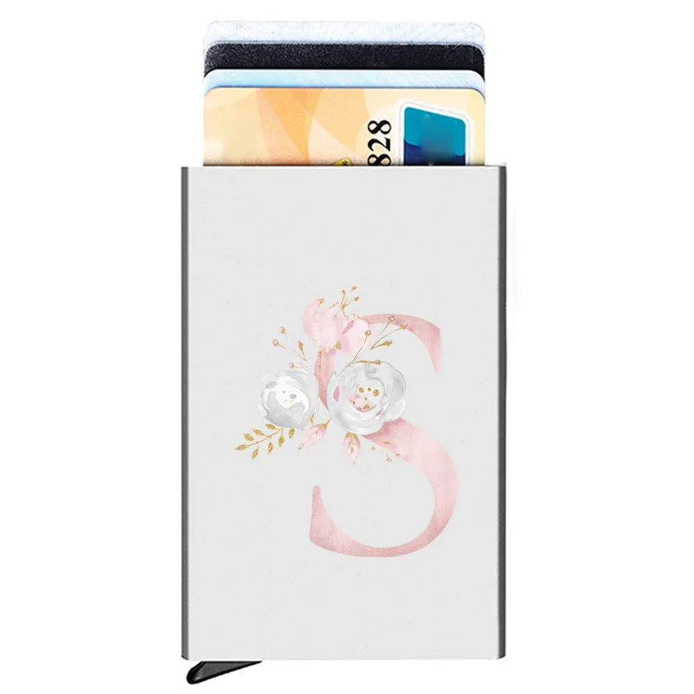 Business Cards Storage Box Durable Credit Cards Holder Pop-Up  Aluminum Card Boxs Pink Flower Series Multi-functional Wallet