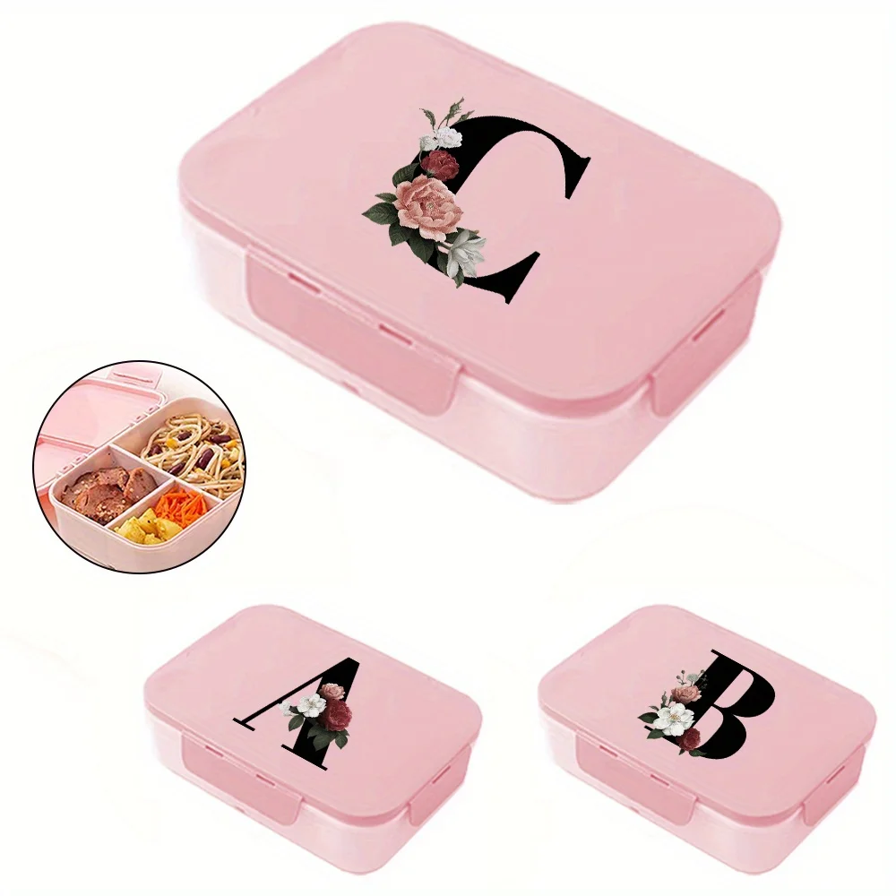 Lunch Box Organizer With Lid Leakproof Lunch Bento Case Container Three Compartments Tableware Black Floral Letter Pattern