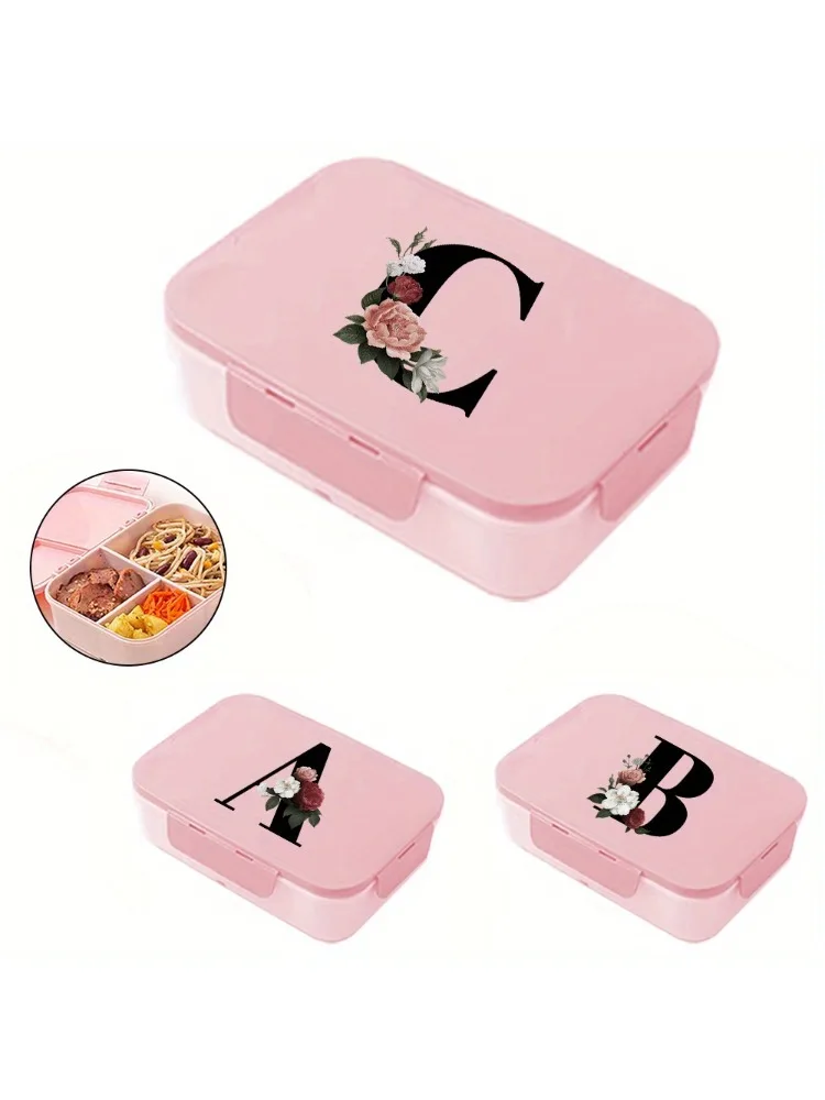 Lunch Box Organizer With Lid Leakproof Lunch Bento Case Container Three Compartments Tableware Black Floral Letter Pattern