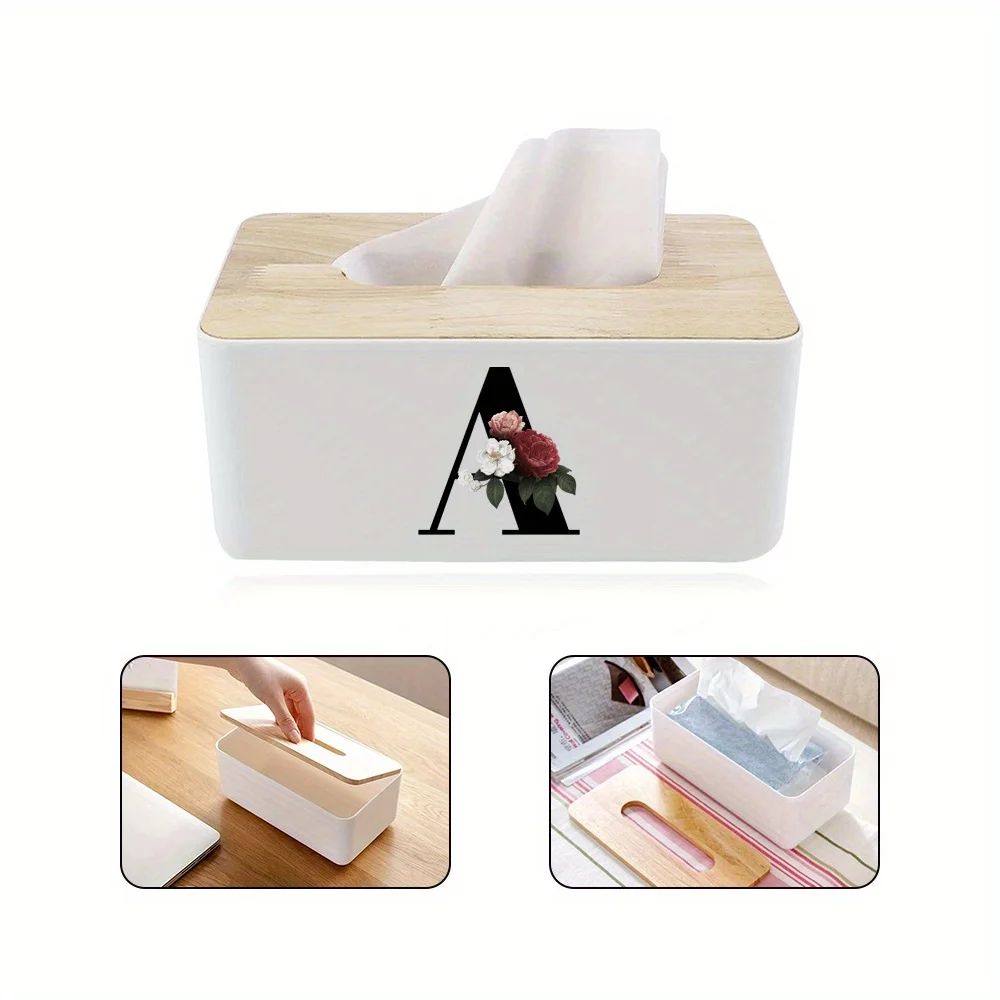Plastic Tissue Box with Wooden Cover Large Capacity Tissue Decorative Storage Box for Bedroom Dining Room Black Floral Pattern