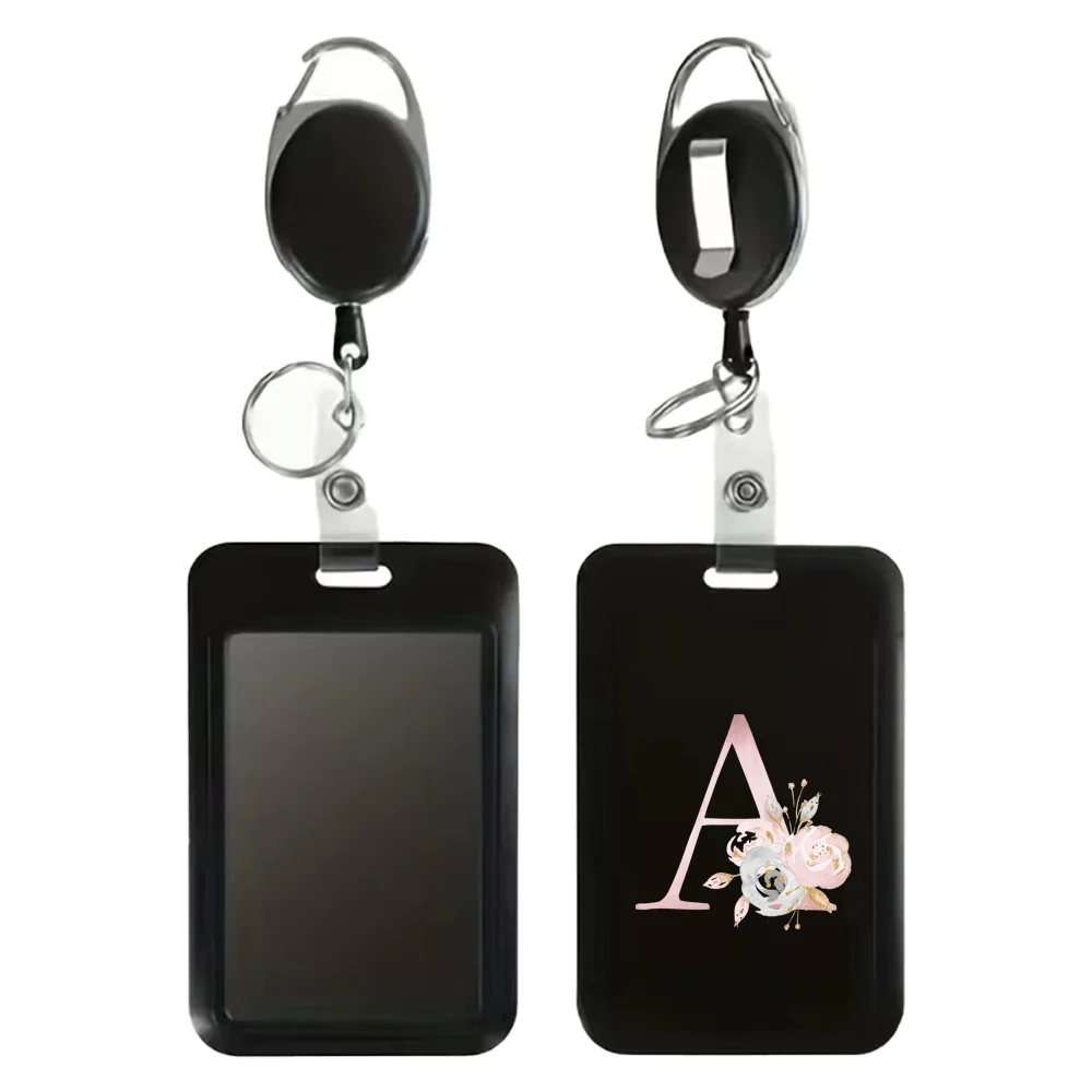 Simple ID Badge Clip with Keychain Clip Security Accessories Plastic Card Set Employee Work Badge Protector Pink Flower Pattern