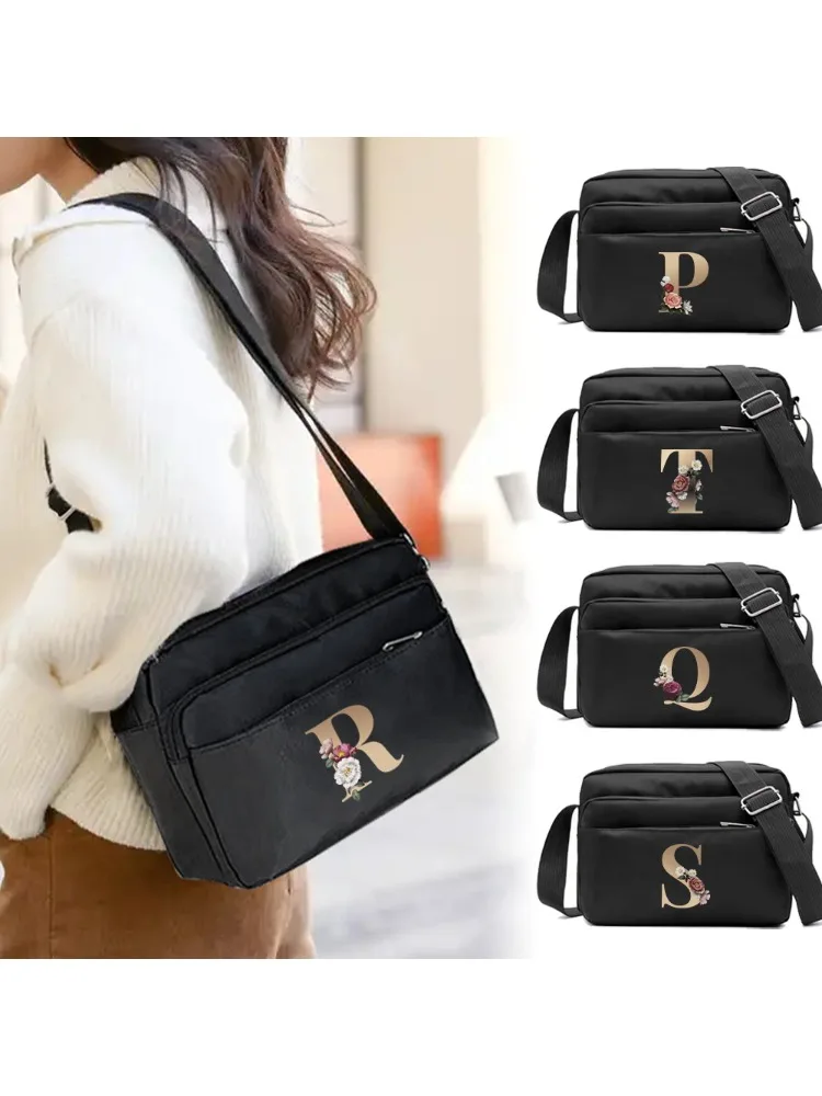 New Fashion Multi-layer Travel Leisure Simple Storage Bag Black Gold Letter Series Printing Pattern One Shoulder Crossbody Bag