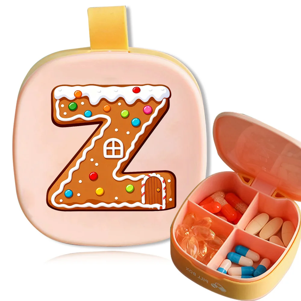 Portable Square Four-Grid Pill Box Vitamin Sealed Pill Storage Case Travel Medicine Organizer Box Gingerbread Letter Pattern
