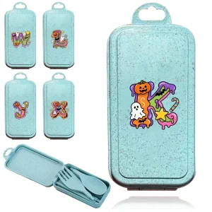Reusable Wheat Straw Tableware Portable Camping Tableware Set Picnic Accessories with Storage Box Candy Letter Pattern