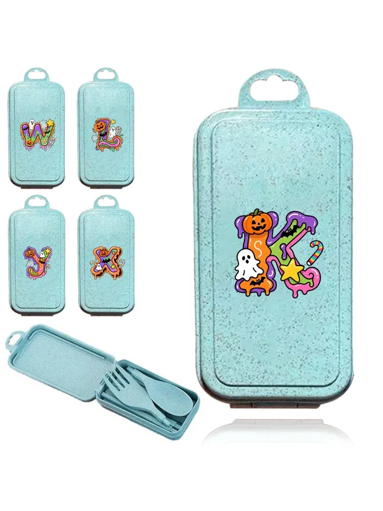 Reusable Wheat Straw Tableware Portable Camping Tableware Set Picnic Accessories with Storage Box Candy Letter Pattern