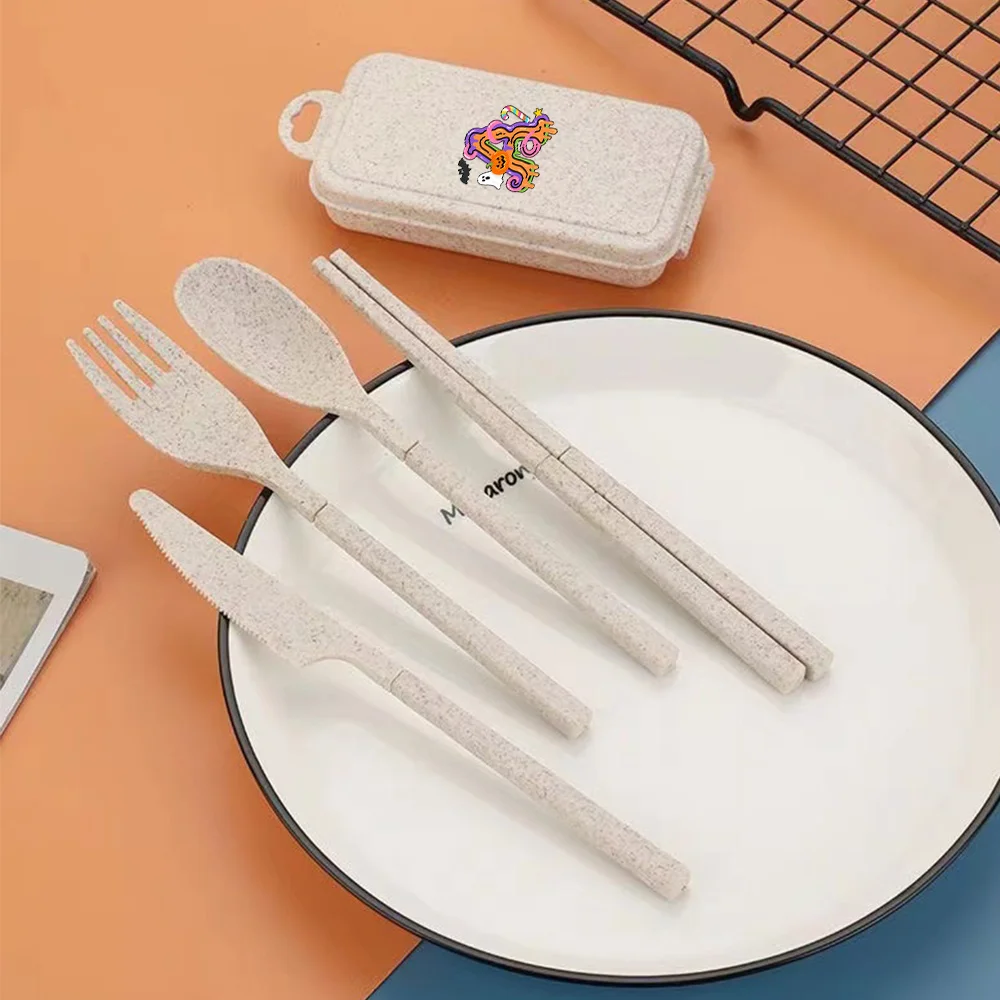 Detachable Wheat Straw Tableware Portable and Reusable Tableware Camping Accessories with Storage Box Candy Letter Pattern