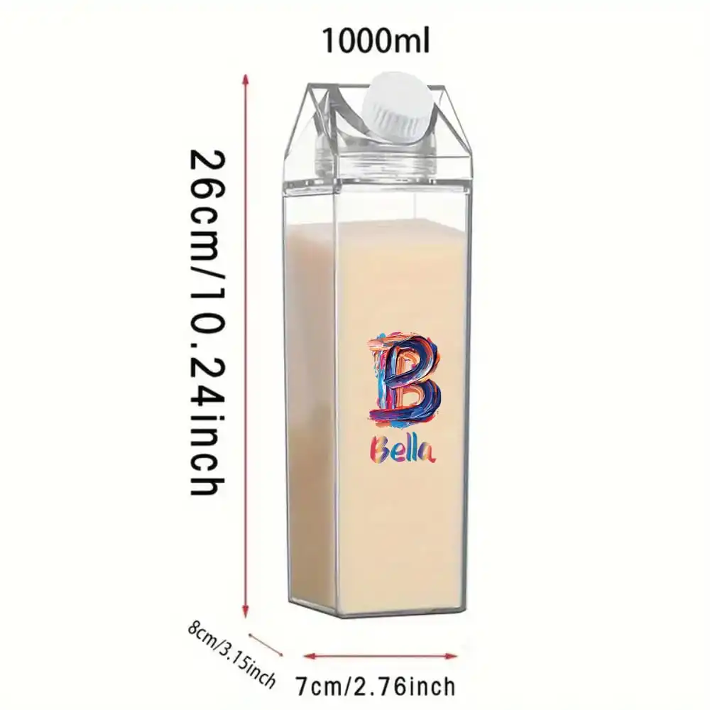 Customized Name 1000ml Clear Milk Bottle Sealed Leak Proof Drinking Jug Orange Juice Organizer Case Colorful Painting Brush