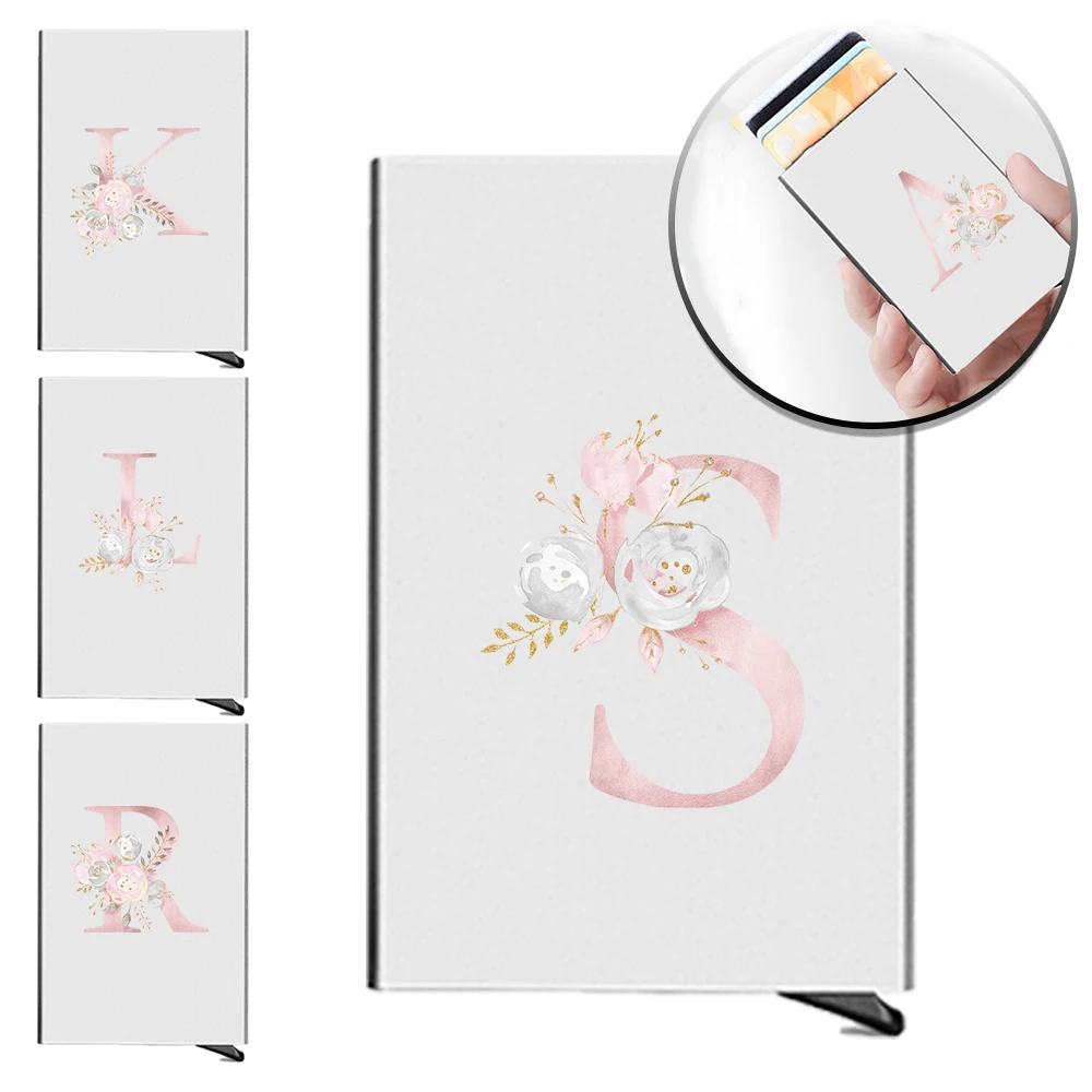 Business Cards Storage Box Durable Credit Cards Holder Pop-Up  Aluminum Card Boxs Pink Flower Series Multi-functional Wallet