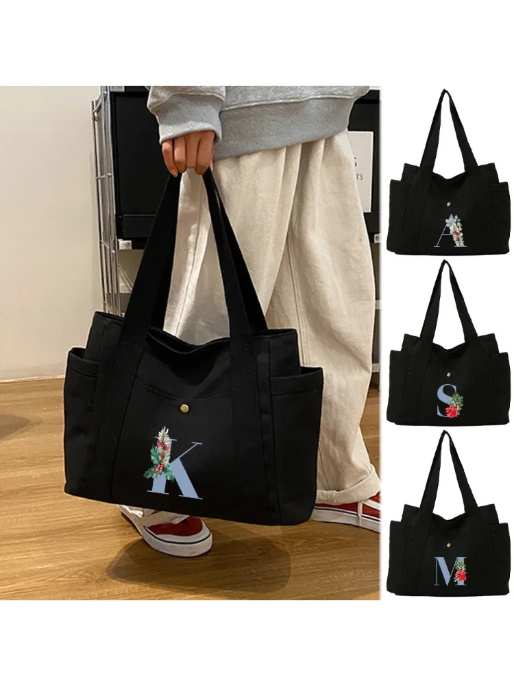 Canvas Bag Large Capacity Foldable Shopping Bags Blue Series Portable Single Shoulder Pouch Washable Casual Commuting Bags