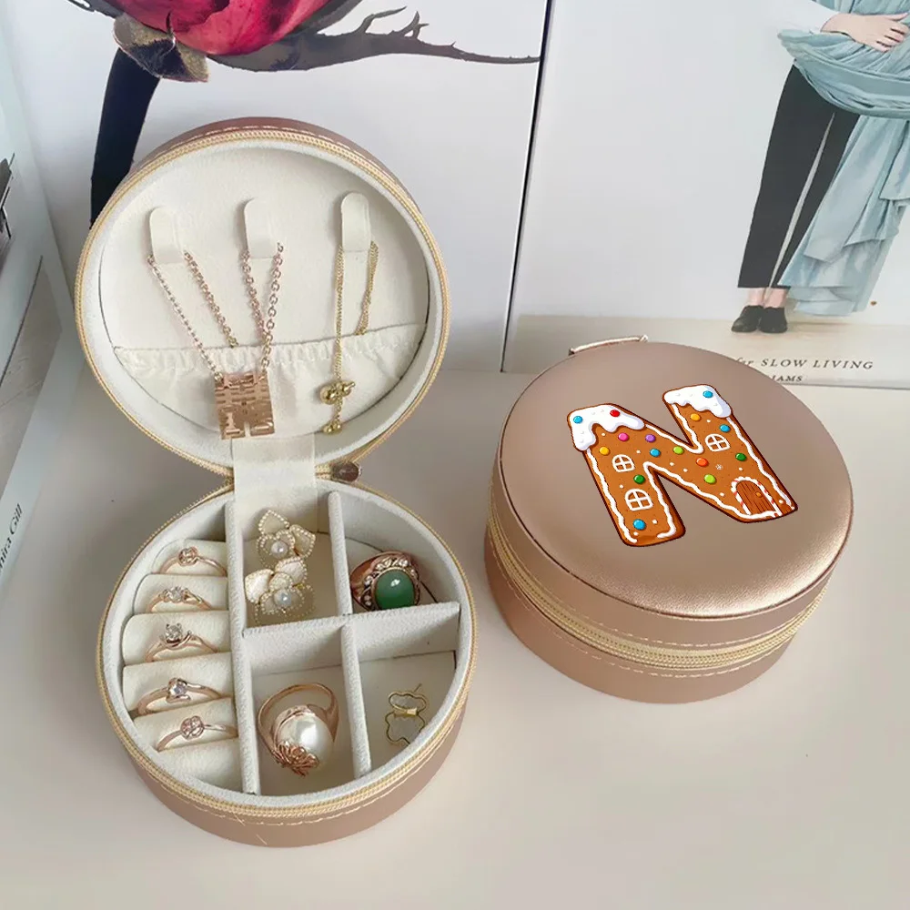 Circular Jewelry Storage Box PU Dustproof Earring Case Multi-functional Jewelry Display Box Christmas Gifts  Gingerbread Pattern