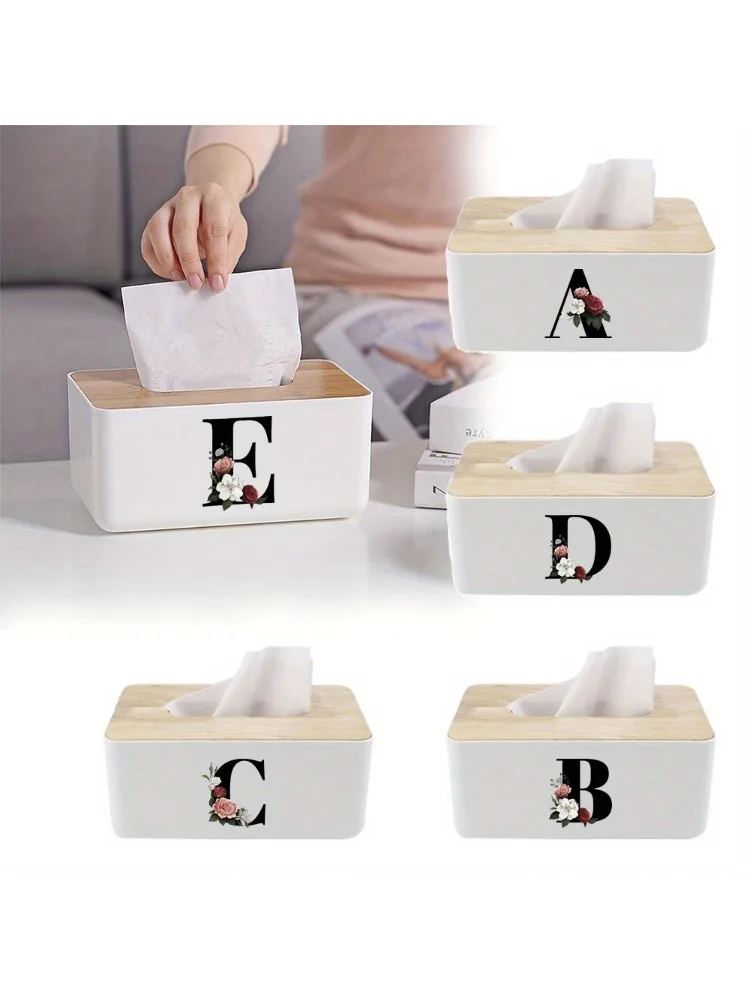 Plastic Tissue Box with Wooden Cover Large Capacity Tissue Decorative Storage Box for Bedroom Dining Room Black Floral Pattern