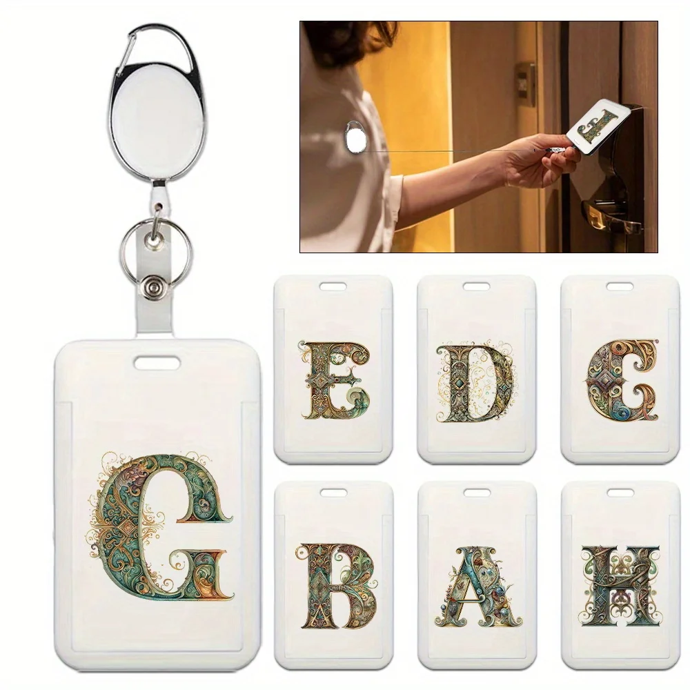 Multifunctional Employee Work Badge with Retractable Buckle Plastic Id Card Holders Student Badge Card Graphic Letter Pattern