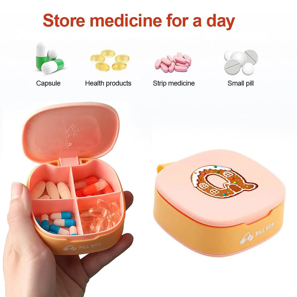 Portable Square Four-Grid Pill Box Vitamin Sealed Pill Storage Case Travel Medicine Organizer Box Gingerbread Letter Pattern