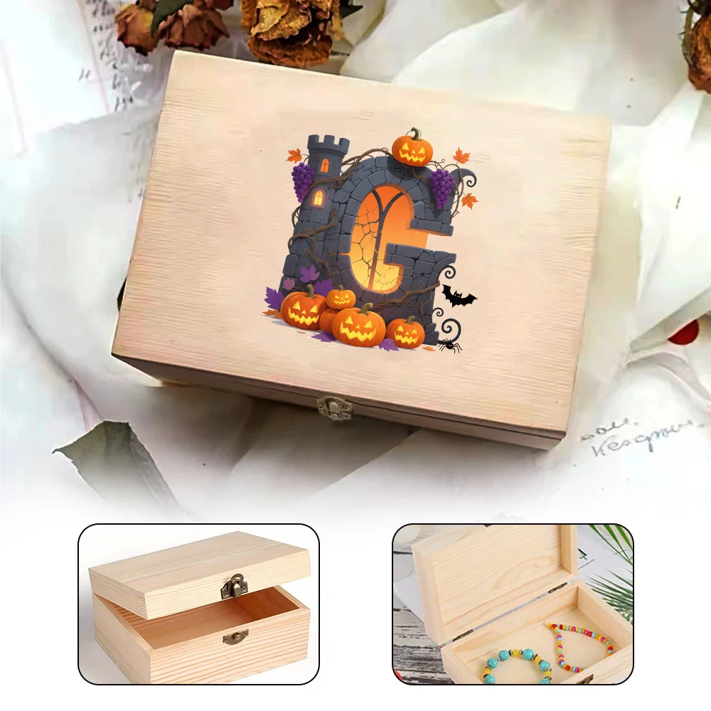 Vintage Wooden Storage Box Creative Print Flip Top Candy Box Practical Wooden Daily Essential Organizer Halloween Letter Pattern