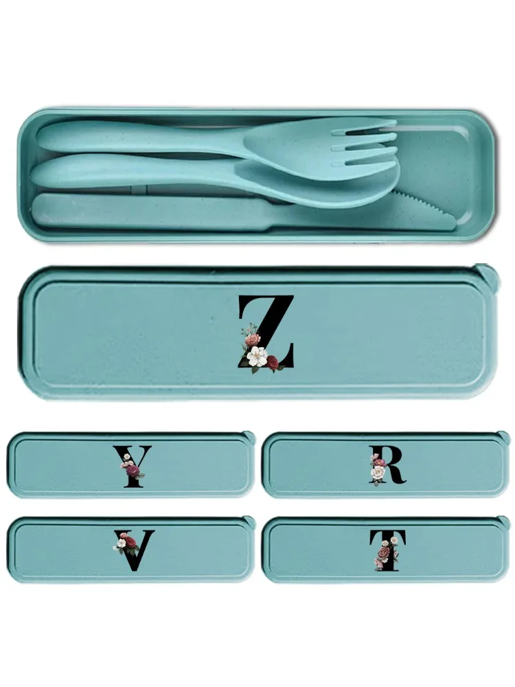 Durable Wheat Straw Dinnerware Set 3Pcs Portable Reusable Tableware Set Dustproof Picnic Dinnerware Black Floral Letter Pattern