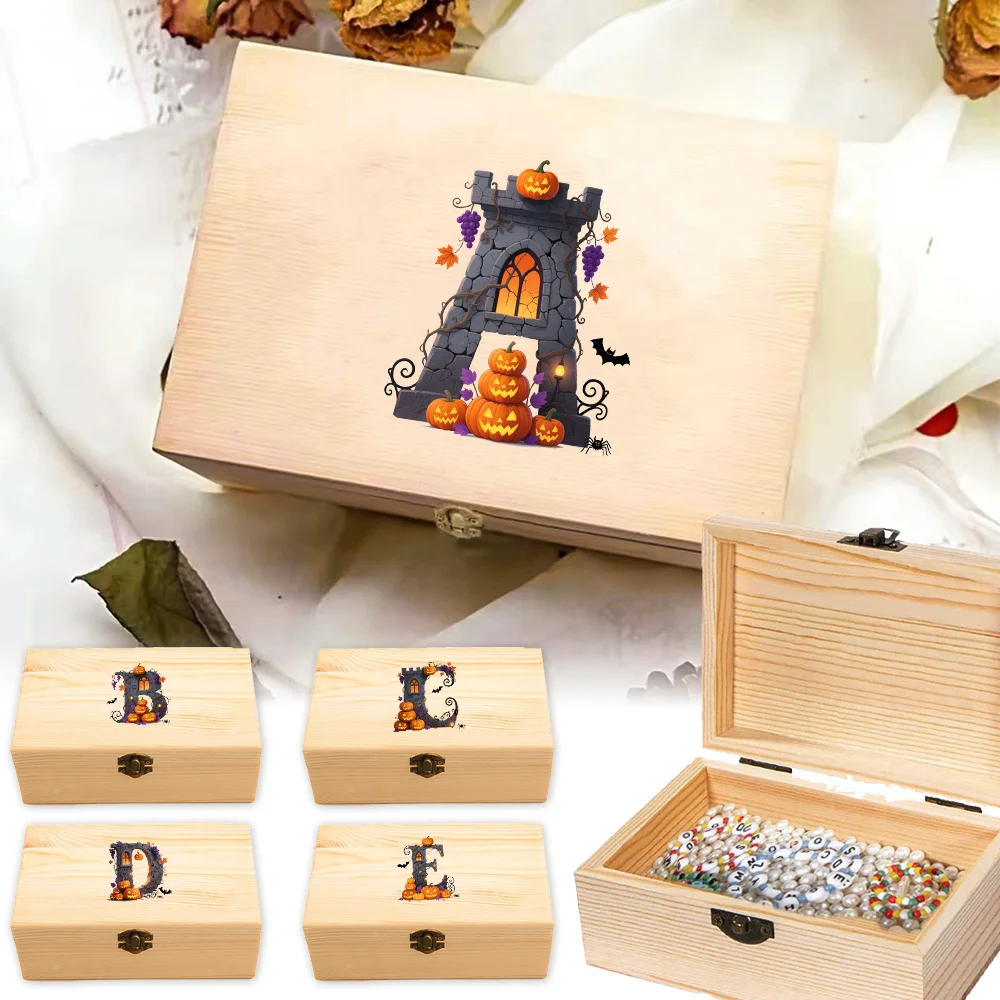Vintage Wooden Storage Box Creative Print Flip Top Candy Box Practical Wooden Daily Essential Organizer Halloween Letter Pattern