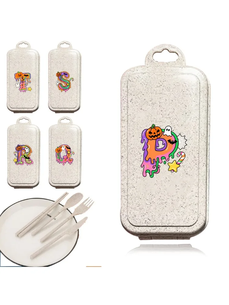 Detachable Wheat Straw Tableware Portable and Reusable Tableware Camping Accessories with Storage Box Candy Letter Pattern