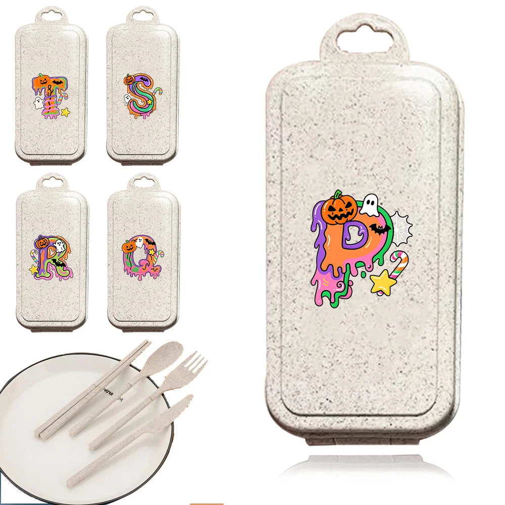 Detachable Wheat Straw Tableware Portable and Reusable Tableware Camping Accessories with Storage Box Candy Letter Pattern