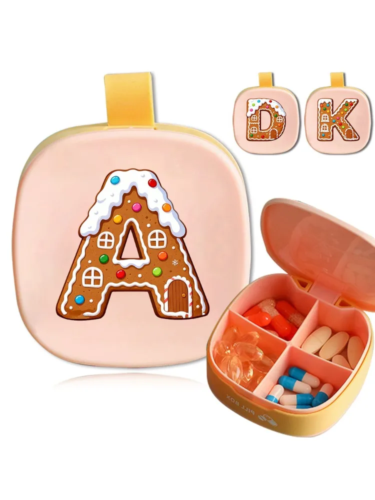 Portable Square Four-Grid Pill Box Vitamin Sealed Pill Storage Case Travel Medicine Organizer Box Gingerbread Letter Pattern