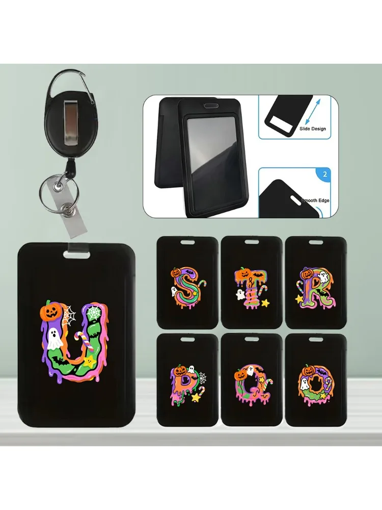 Employee Chest Badge Access Card Protection Cover Employee Work Card Holder with Extendable Hanging Rope Candy Letter Pattern