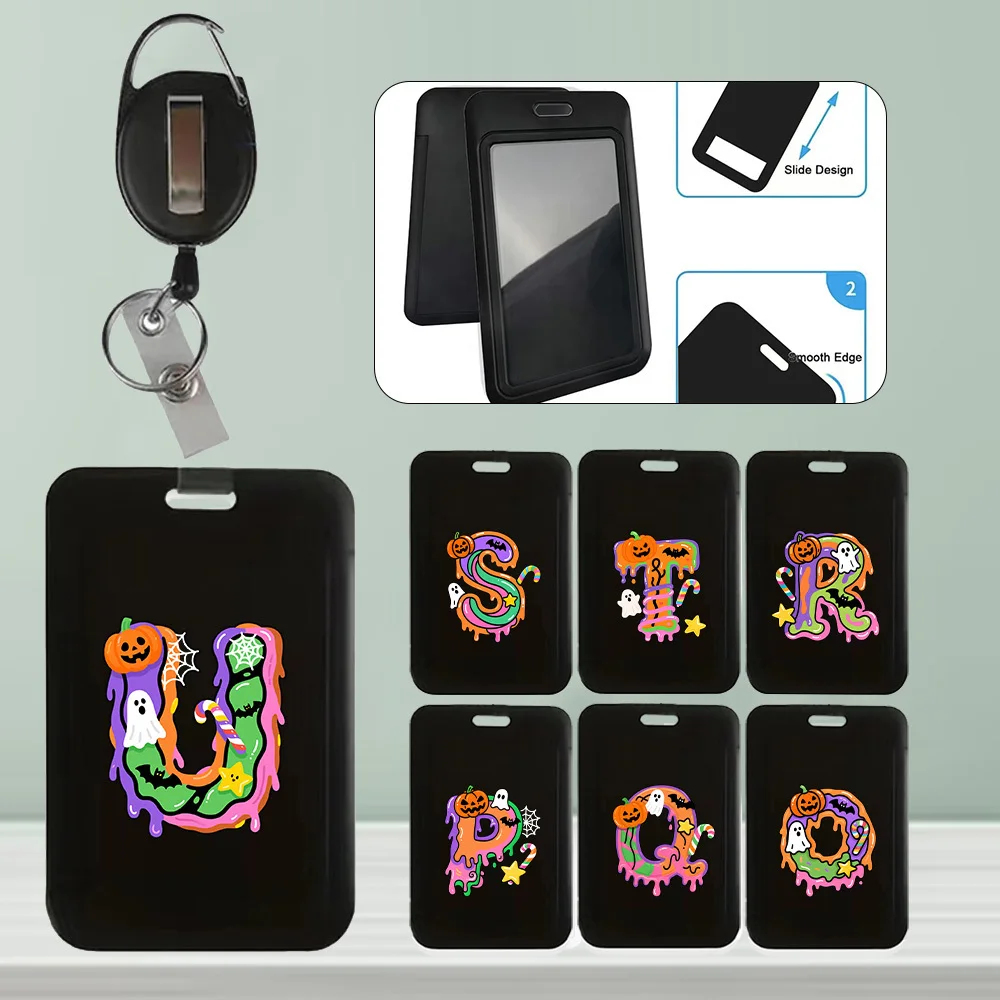 Employee Chest Badge Access Card Protection Cover Employee Work Card Holder with Extendable Hanging Rope Candy Letter Pattern