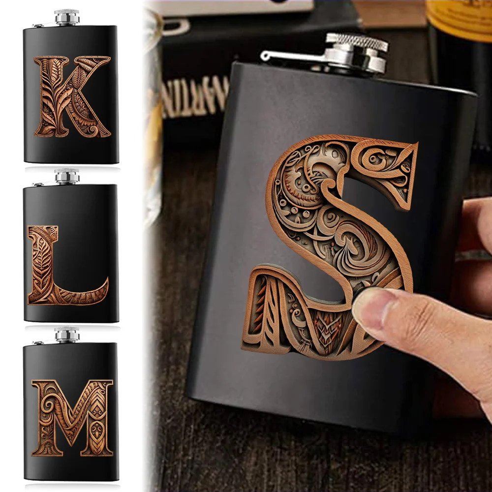 Stainless Steel Flask Wine Pot Pockets Water Bottle Never-Lose Cap Simplicity For Travel And Outdoor Wood Art Letter Pattern